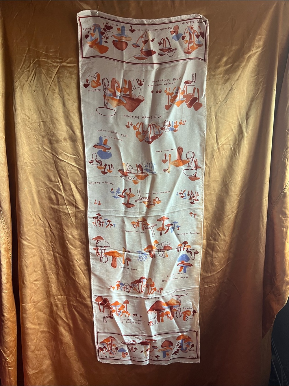 Vintage Echo Mushroom Print Long Scarf in Cream with Orange & Blue Accents